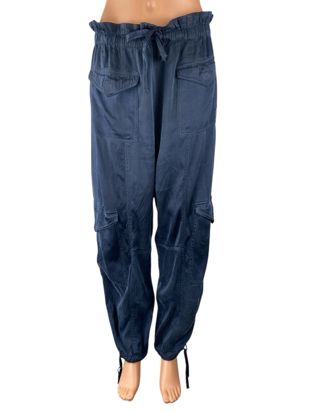 Ganni Blue Washed Twill Satin High Rise Paperbag Cargo Jogger Trousers Pants 42